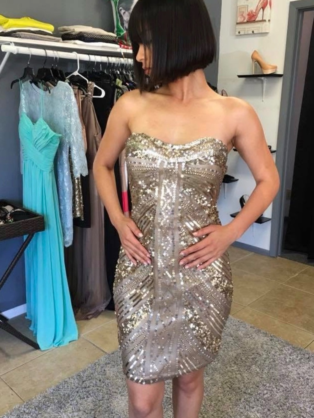 Scala Strapless Gold Sequin Midi Dress